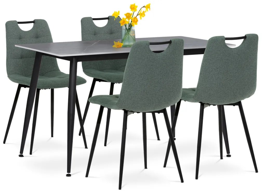 Set de sufragerie 1+4, masa 130x70, blat din piatra sinterizată cu model marmură gri mat, scaune cu manere, tapițerie din stofa verde