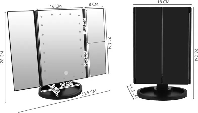 Állítható, forgatható, kihajtható LED-es tükör, fekete