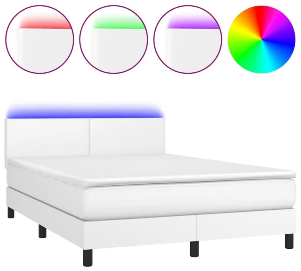 fehér műbőr rugós ágy matraccal és LED-del 140x190 cm