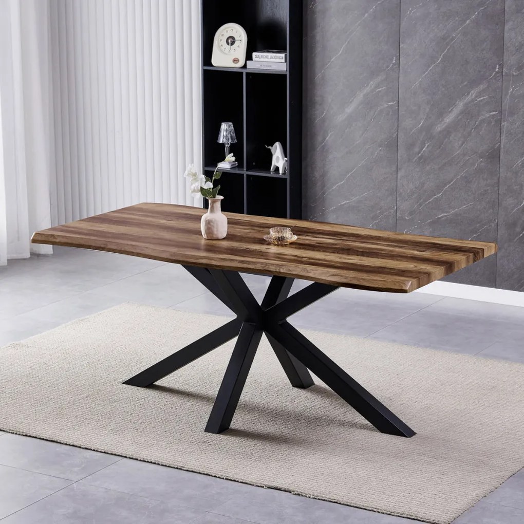 Masă de sufragerie, 180x90x75 cm, blat MDF, decor lemn învechit, picioare metalice in forma de stea