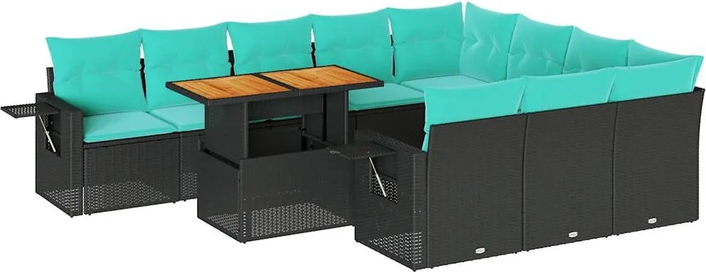 vidaXL 11 részes fekete polyrattan kerti ülőgarnitúra párnákkal