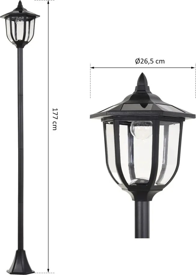 Outsunny Napelemes LED kerti lámpa, műanyag lámpa, kültéri lámpa beltéri és kültéri használatra, erkélyre, dekorációhoz fekete