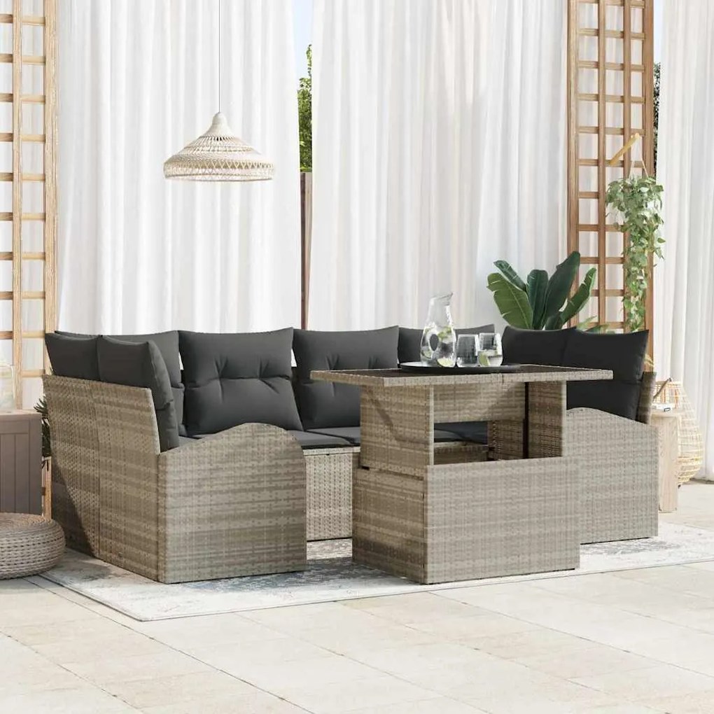 vidaXL Kerti Kanapé Szett párnával 7 pcs Világosszürke Poly Rattan