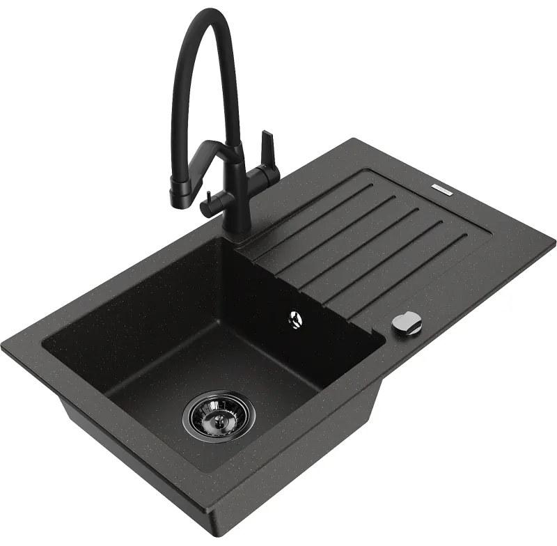 Mexen Pablo gránit mosogatótálca 1 medencés csepegtetővel és konyhai csapteleppel Duo, fekete/arany metál - 6510-75-671701-70-B