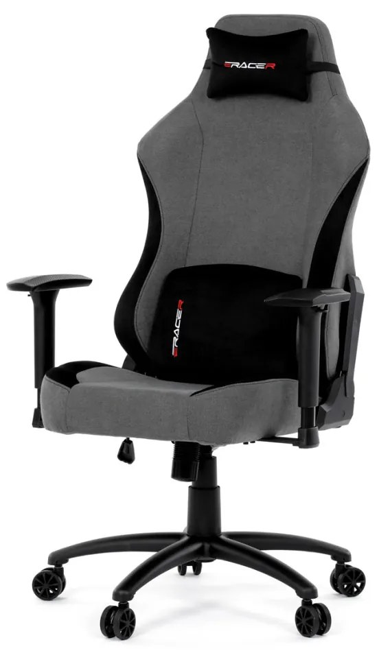 Scaun pivotant pentru gamer, țesătură gri, structură balansoar, poziționare spătar 90°-180°, cotiere 3D, spumă cu memorie și perne