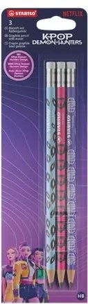 Grafitceruza radírral készlet, HB, kerek, STABILO K-Pop démonvadászok, 3 különböző minta (TST493032)