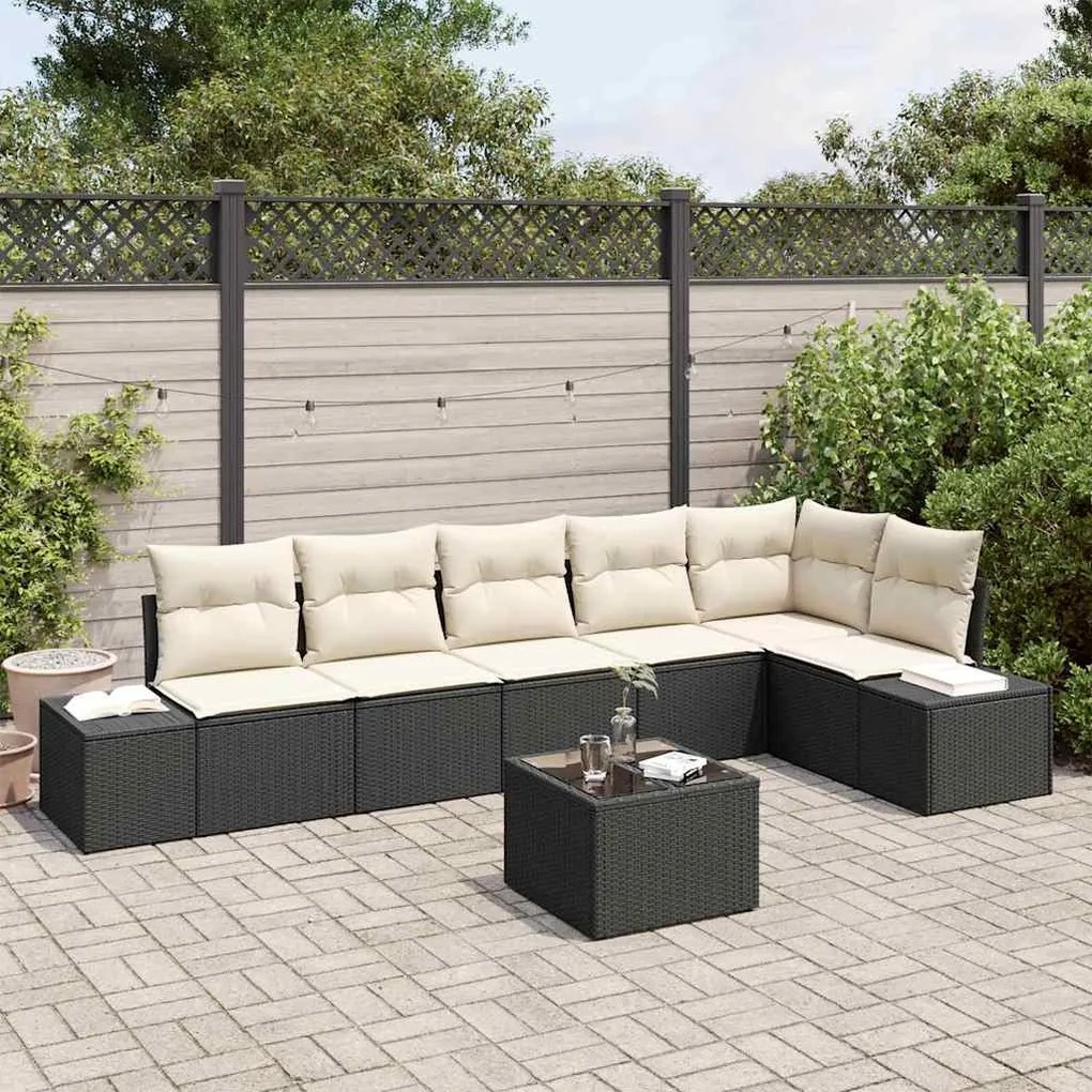 Kerti Kanapé Szett 7 pcs Fekete és krémszínű Poli rattan