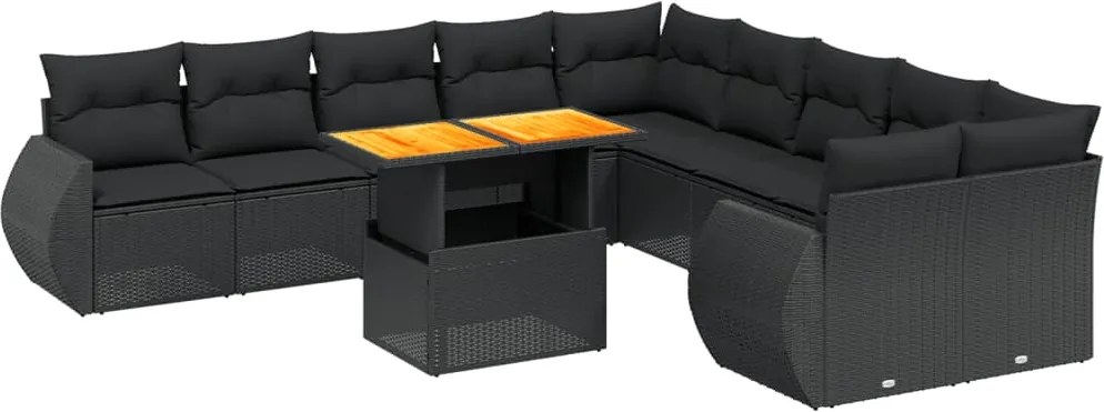 vidaXL 11 részes fekete polyrattan kerti ülőgarnitúra párnákkal