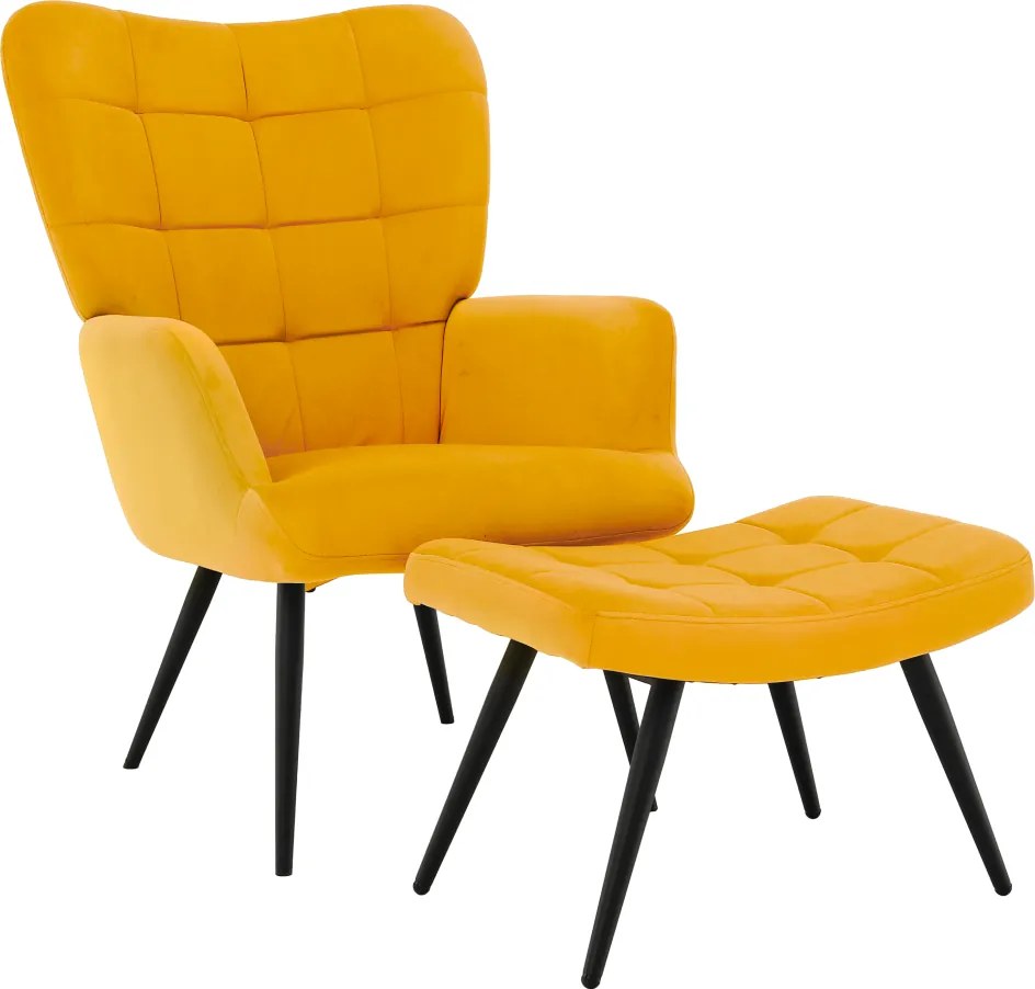 Fotel lábtartóval, sárga Velvet szövet/fekete, HABEN