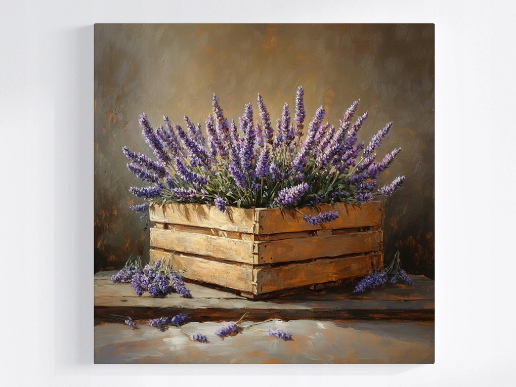 Vászonkép Canvas Dekoráció Fa Doboz Virágok Levendula 80x80
