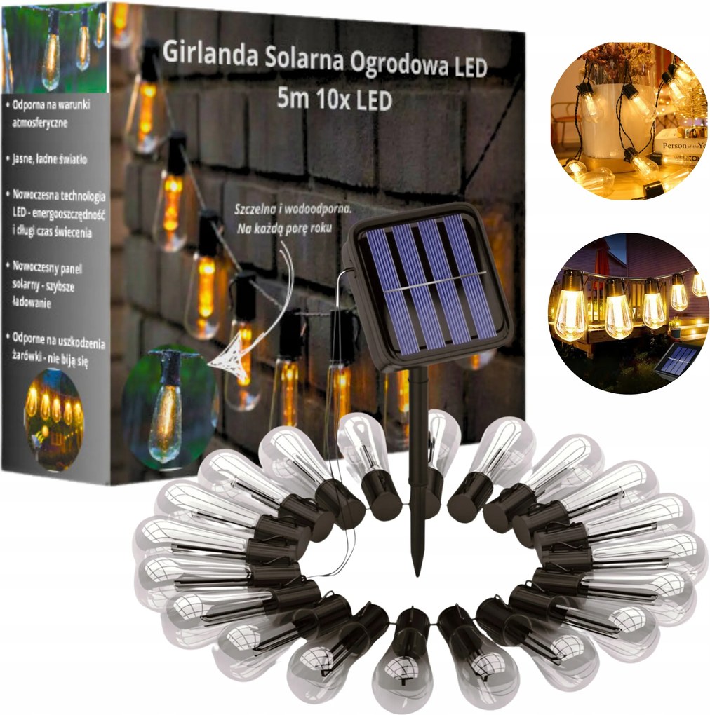 Kerti girland napelemes fényfüzér 10 Led 5m IP65 vízálló Led lámpák