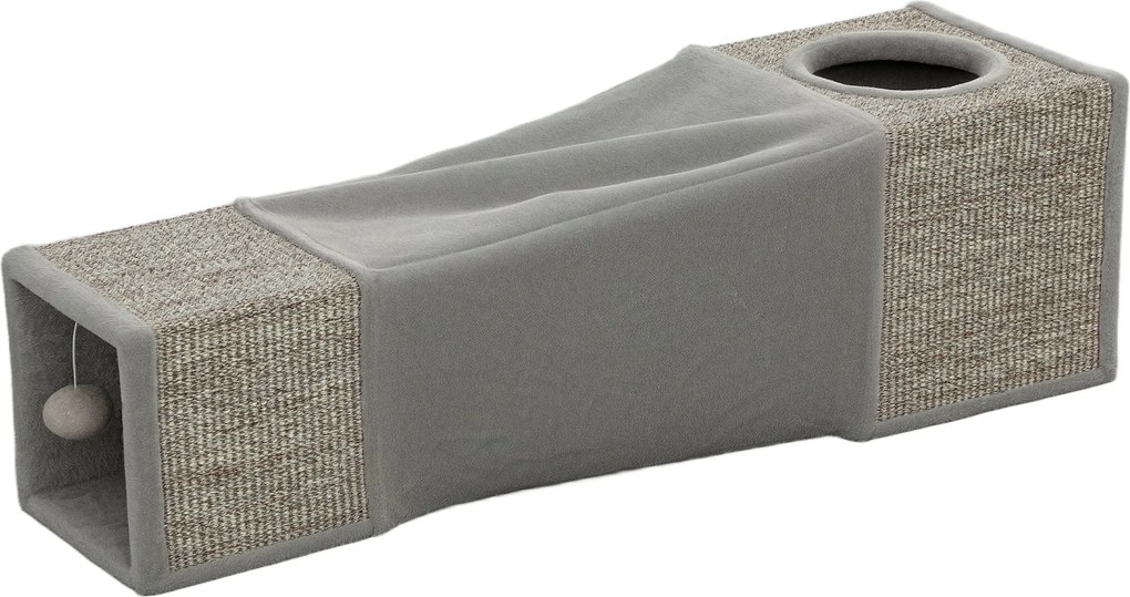 PawHut Macska Alagút, Macska Játék Labdával, Macskabarlang, Hajtogatható Zsineges Játék Alagút, Kombinált Dizájn, Barna+Szürke, 98 x 30 x 30 cm | Aoso