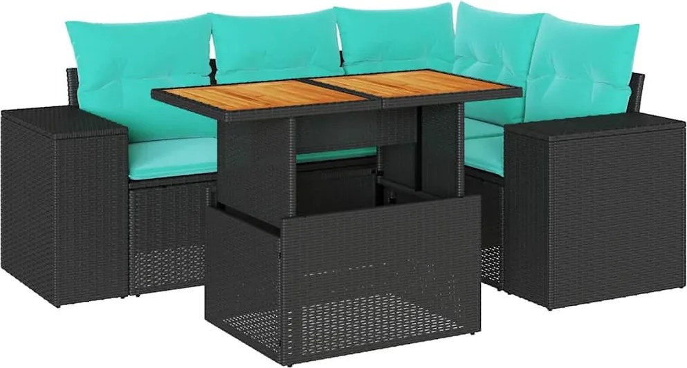 vidaXL 5 részes fekete polyrattan kerti kanapészett párnákkal