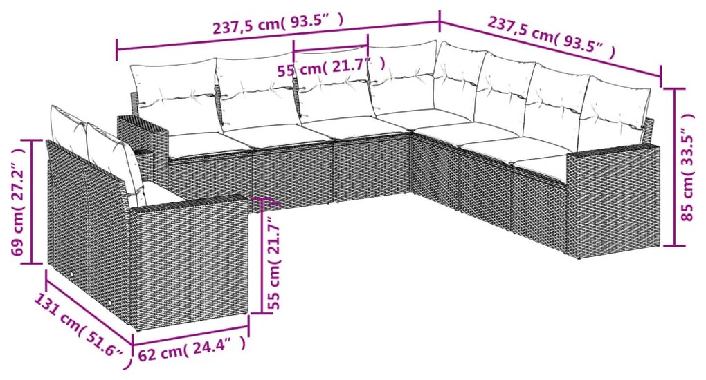 9 részes bézs polyrattan kerti ülőgarnitúra párnákkal