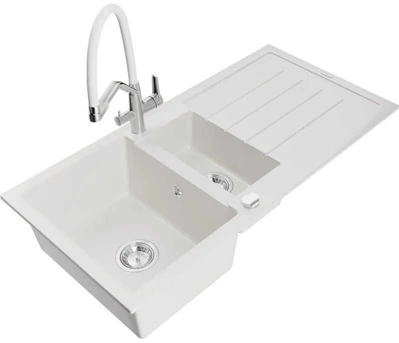 Mexen Andres, 1,5 kamrás gránit mosogató csepptálcával és Duo konyhai csapteleppel, fehér - 6515-20-671701-02