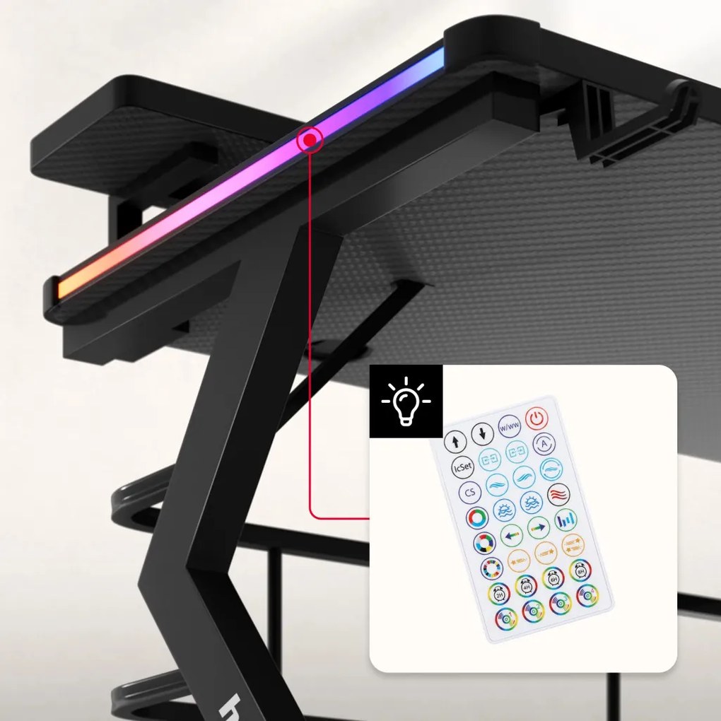 Gamer asztal számítógépasztal monitor állvánnyal, 120x60x69,5cm, alumínium / HDF, RGB LED fekete.