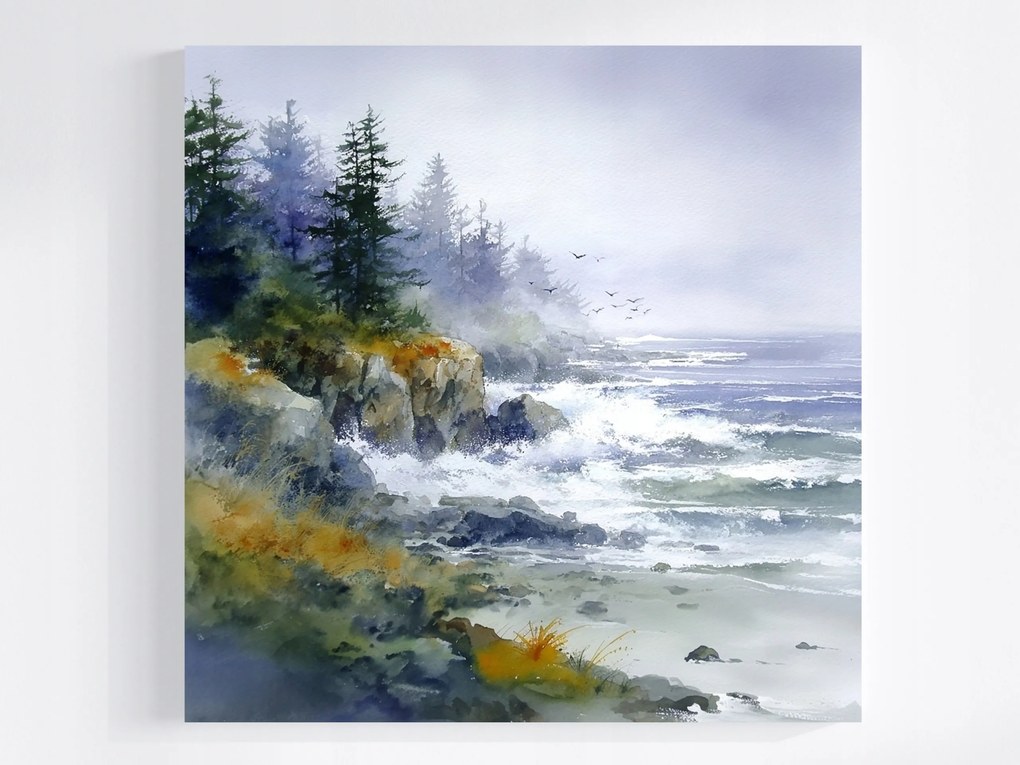 Vászonkép Canvas Tájkép Tenger Hullámok Part Erdő Sziklák Fák 80x80