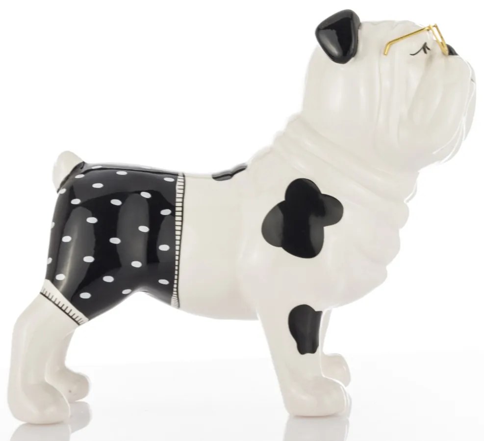 Modern design fekete-fehér francia bulldog szemüvegben asztali dekorációs szobor kerámia 22x25x13cm