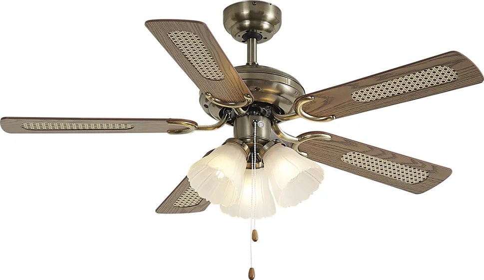 Sárgaréz mennyezeti ventilátor fa mintával és rattan 105cm húzókapcsolóval - Mistral Lia
