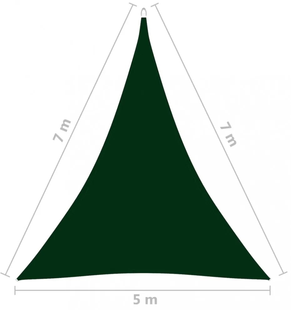 sötétzöld háromszögű oxford-szövet napvitorla 5 x 7 x 7 m