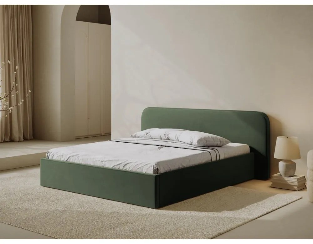 Zöld kárpitozott ágyneműtartós franciaágy ágyráccsal 200x200 cm Elizabeth – Micadoni