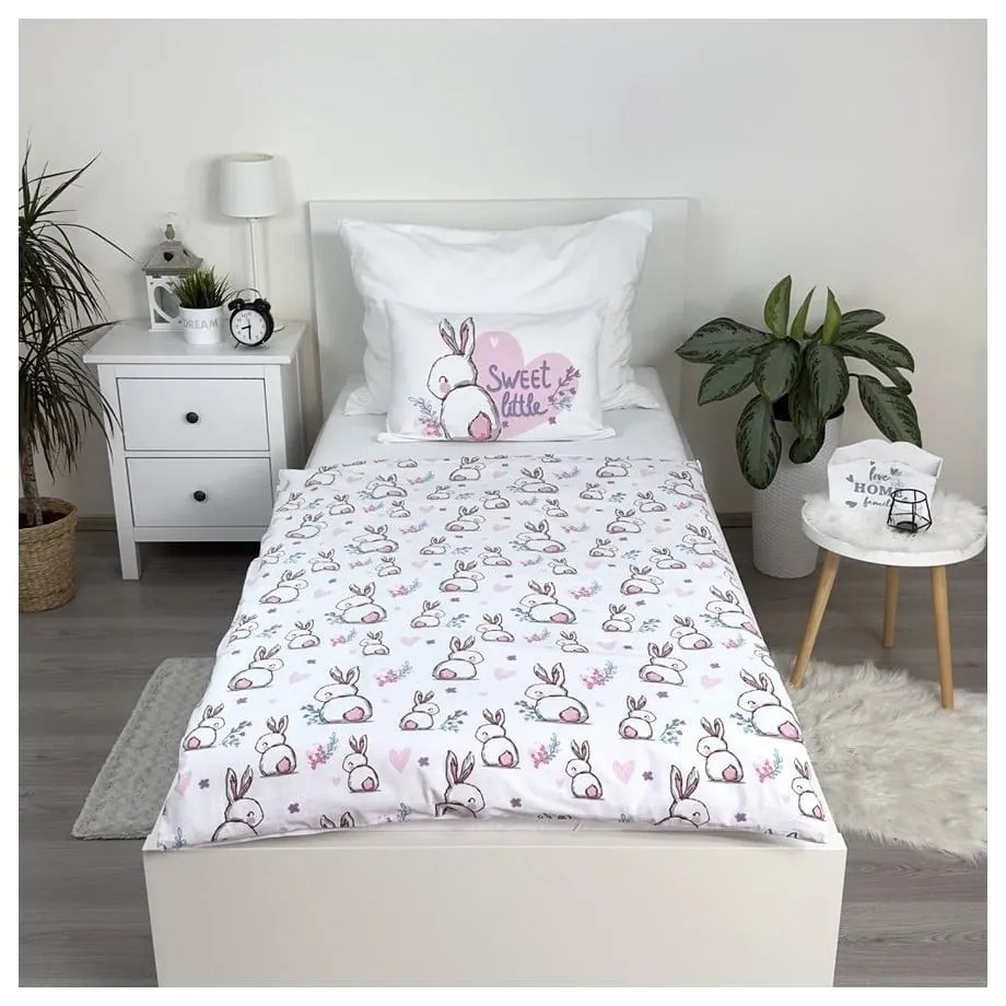 Fehér-rózsaszín pamut gyerek ágyneműhuzat babaágyhoz 100x135 cm Bunny "Sweet" – Jerry Fabrics