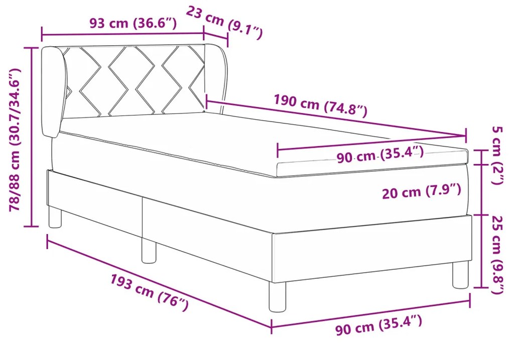 Boxrugó Ágy Matrac Kétszemélyes Sötétszürke 90x190 cm Bársony