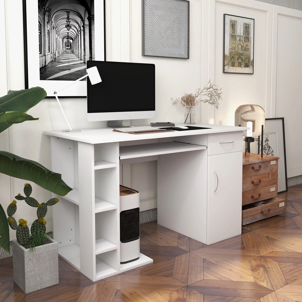 HOMCOM Számítógép Íróasztal Multimédia Számítógép Asztal Többszörös Tárolószekrénnyel és Billentyűzettartóval MDF 120 x 60 x 74 cm Fehér | Aosom