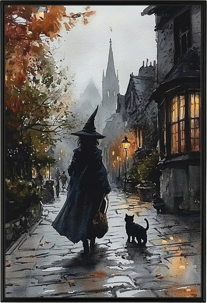 Poszter Alumínium Keret Boszorkány Macska Sötét Utca Vintage Gótikus 40x60