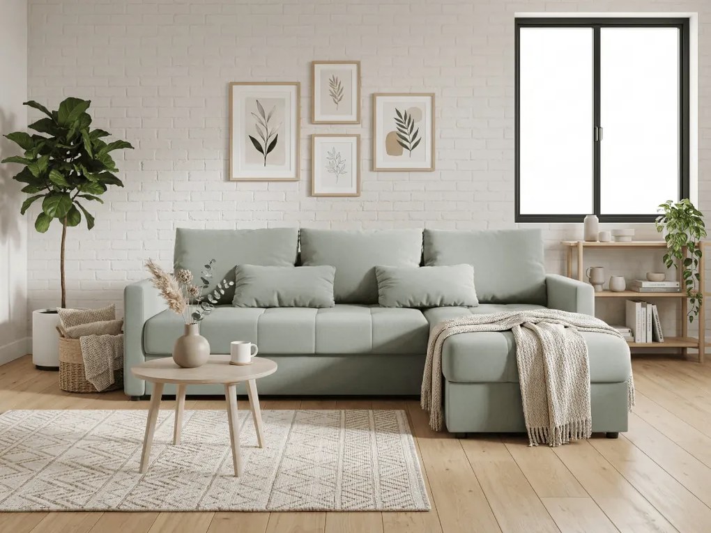 VENORIA L alakú kihúzható sarokkanapé, 220x143 cm, világoszöld + 2 párna INGYEN