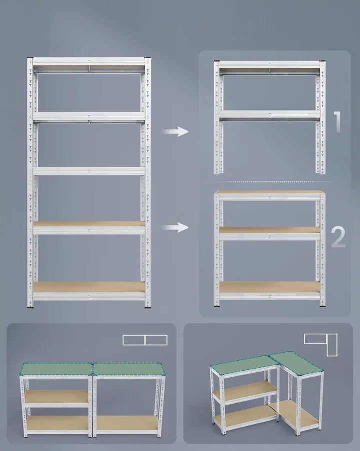 Nagy Teherbírású Tároló Polcok, 2 db-os, Garázs Polcrendszer, 40 x 90 x 180 cm, Ezüst