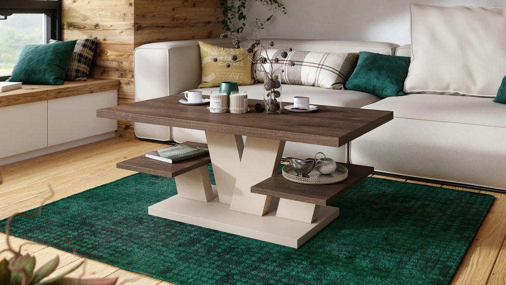 Mazzoni VIVA MATT Barna Tölgy/Bézs (Pezsgő) - MODERN DOHÁNYZÓASZTAL POLCOKKAL