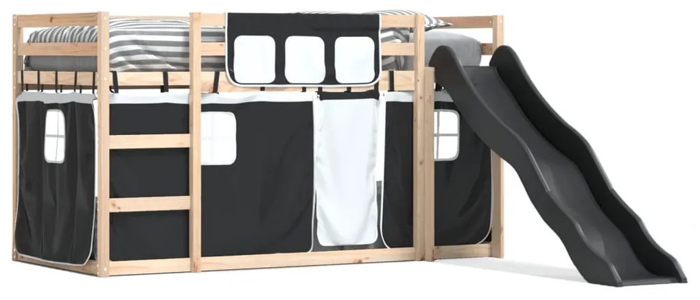 fehér-fekete emeletes ágy csúszdával és függönnyel 80 x 200 cm