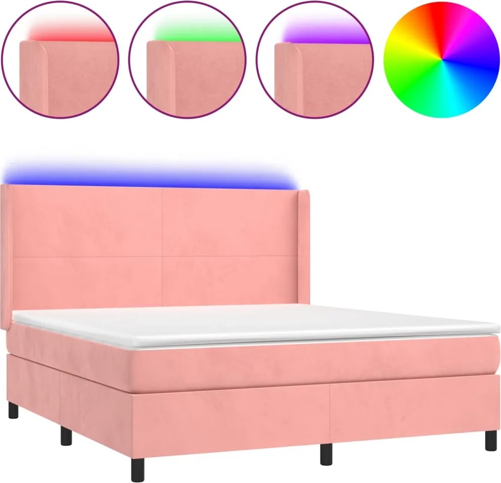 vidaXL rózsaszín bársony rugós és LED-es ágy matraccal 180x200 cm