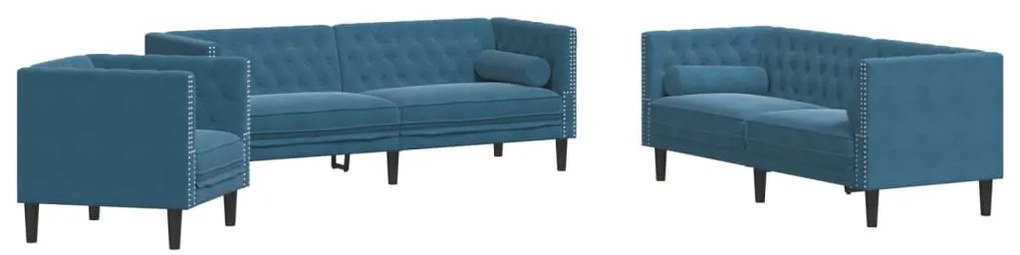 3 részes kék bársony Chesterfield kanapészett hengerpárnákkal