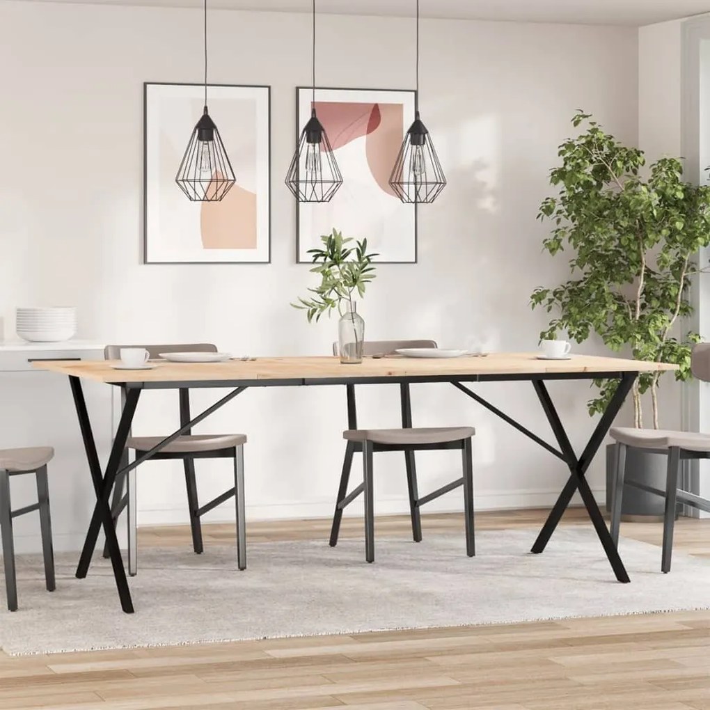 Tömör fenyőfa és acél étkezőasztal X-vázzal 200x100x75 cm