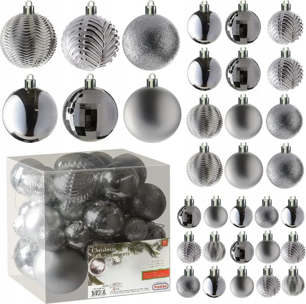 Karácsonyfadísz MIX műanyag karácsonyi dísz 36db ezüst 4 6 8 cm