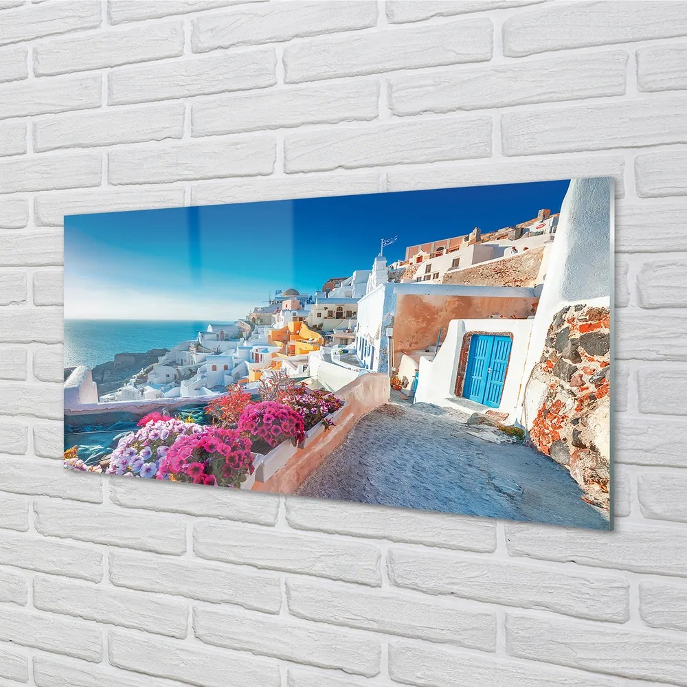 Üvegképek Épületek Görögország tenger virág 125x50 cm