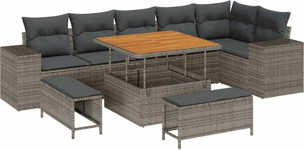 vidaXL Kerti Kanapé Szett párnával 9 pcs Szürke polirattan