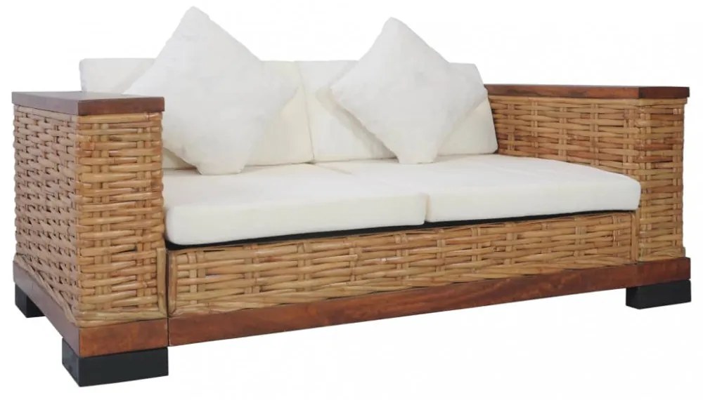 2 részes barna természetes rattan kanapészett párnákkal