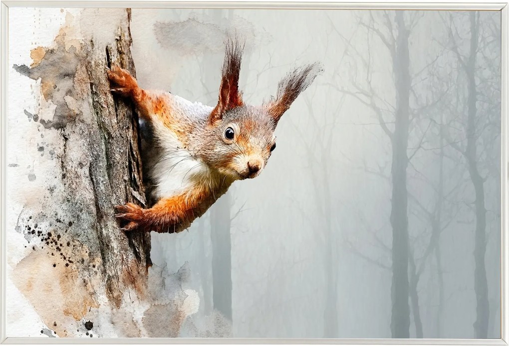 Poszter Keret Alumínium Mókus Erdő Természet Fa Akvarell 60x40