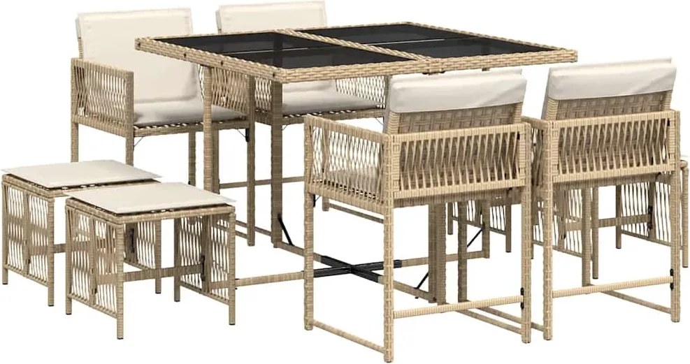 vidaXL 9 részes bézs polyrattan kerti étkezőgarnitúra párnákkal