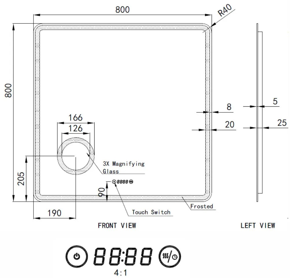Fürdőszobai LED tükör 80x80cm | Páramentesítő - Kozmetikai tükör - Fényerő + színhőfok állítás - Digitális óra | Welland Luxury-Line G795