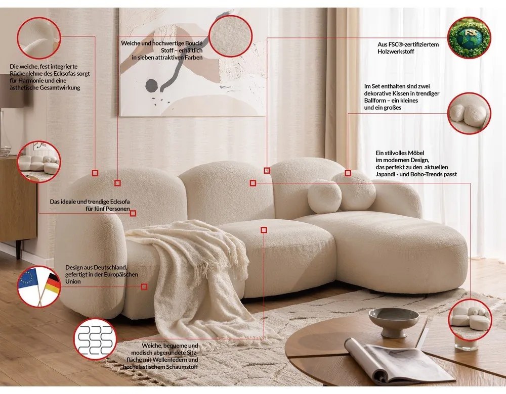 Világosbarna buklé sarokkanapé (jobb oldali-heverő résszel) Orbit – Ropez