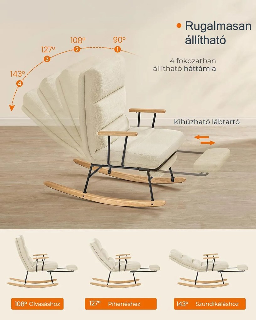 Hintaszék fa lábakkal, plüss szövettel, 4 fokozatban állítható háttámlával, krémfehér