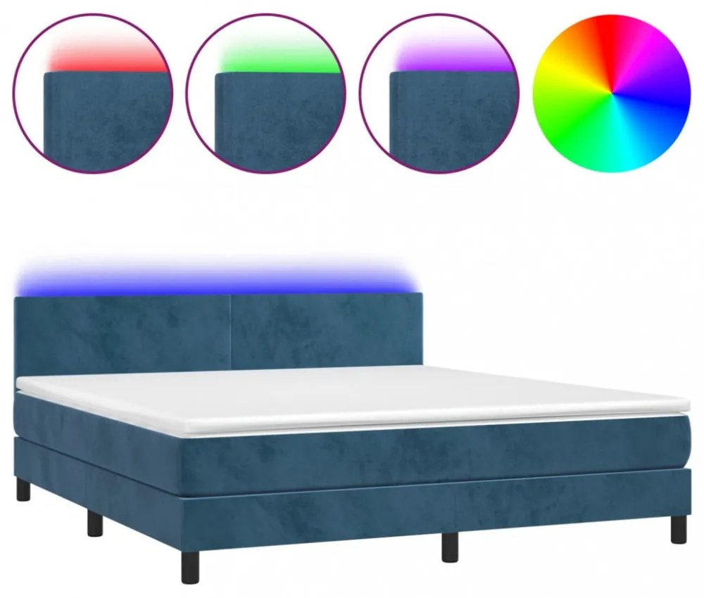 sötétkék bársony rugós és LED-es ágy matraccal 180x200 cm