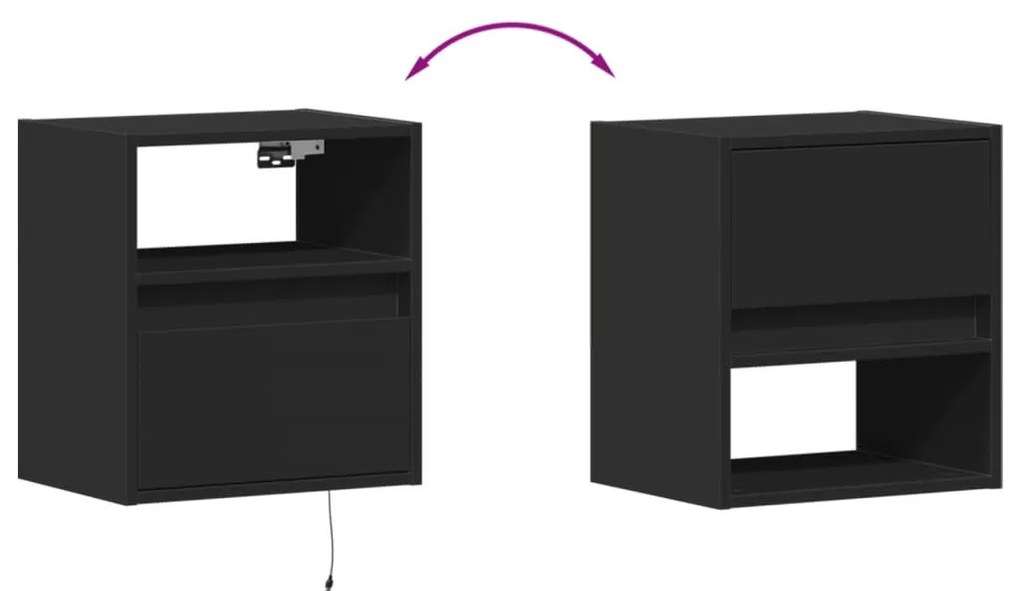 fekete falra szerelhető éjjeliszekrény LED-világítással