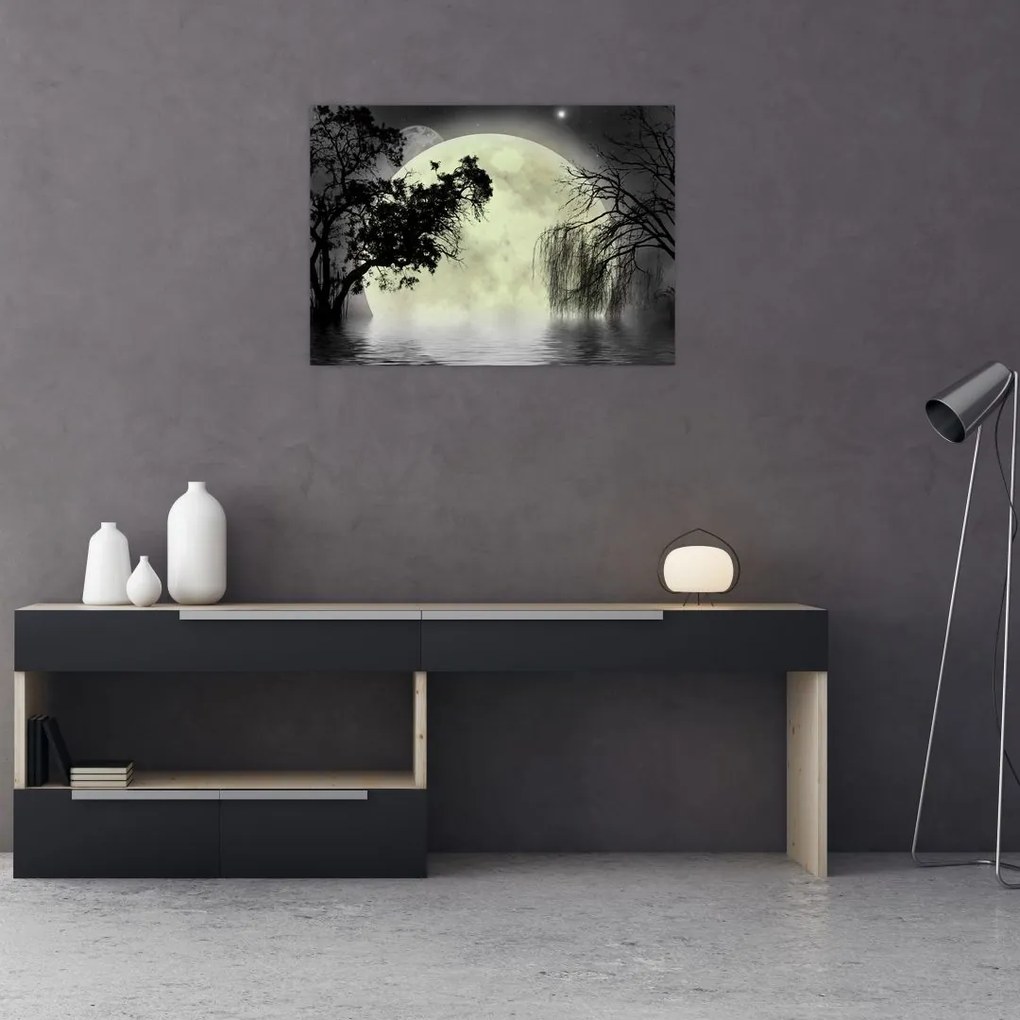 Kép - Telihold a felszín felett, fekete-fehér változat (üvegen) (70x50 cm)