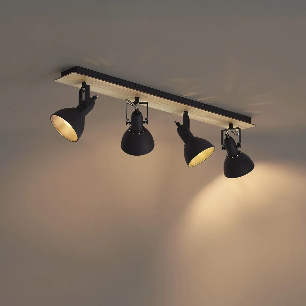 Fekete mennyezeti spotlámpa fával, 4 lámpás, forgatható és dönthető - Jakub