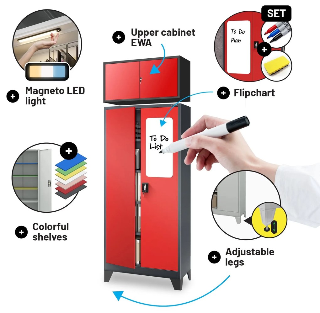 Fém iratszekrény JAN, 900 x 1850 x 400 mm, antracit-piros